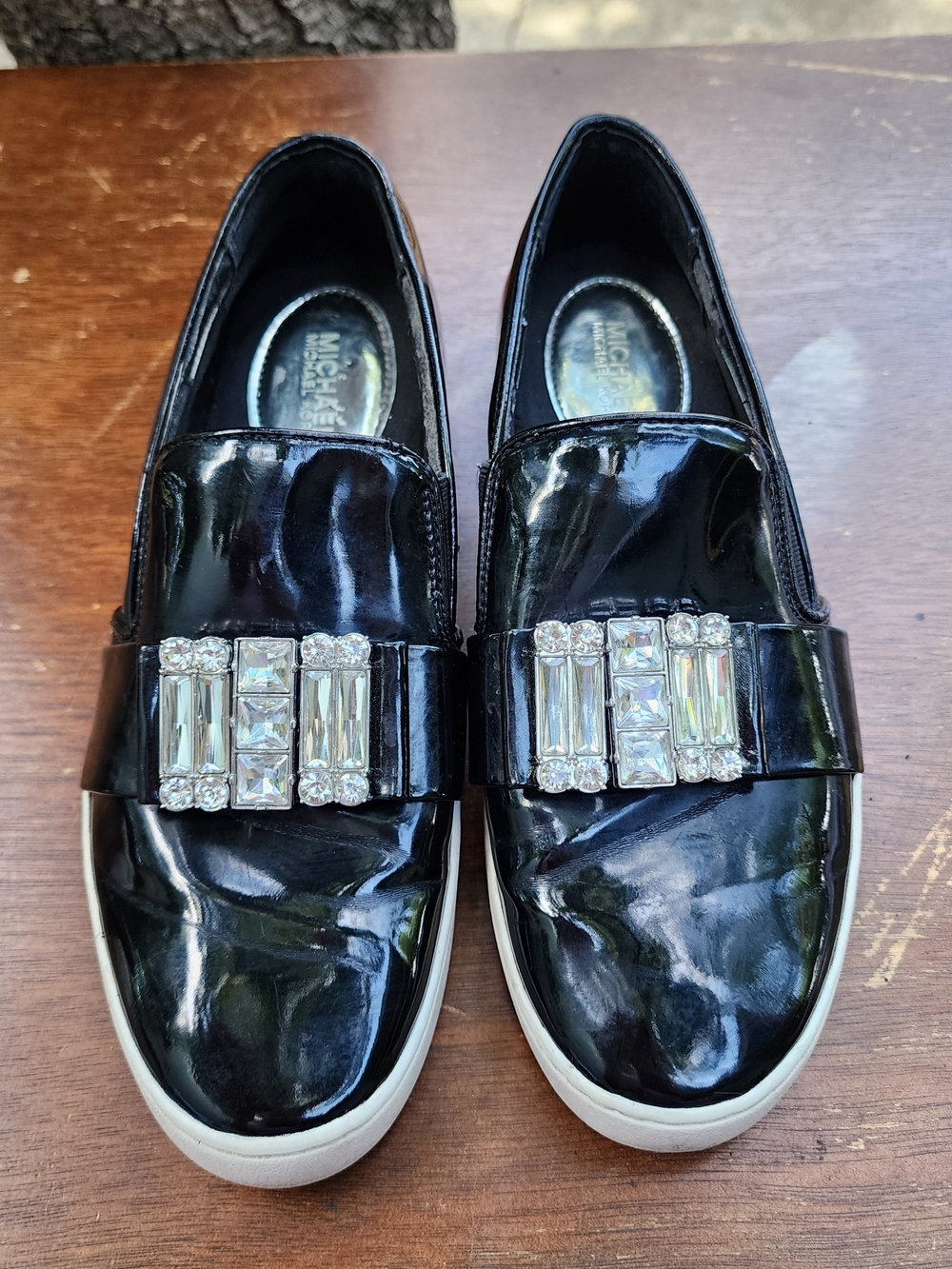 Michael Kors Michelle Black Patent Crystal Embellished Slip On Sneakers 7.5M